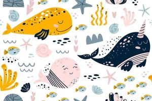 Girl sea pattern. Girls nautical seamless pattern. Cute summer seamless background with sea animals, whales narwhal fish coral. Kids textile, baby clothing, marine package design. Vector illustration.