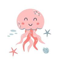 Cartoon jellyfish. Pink jellyfish. Cute sea animal cartoon baby jellyfish. Nautical medusa fish. Baby ocean animal, sticker. Nursery print Posters baby room. Girls character. Vector illustration.