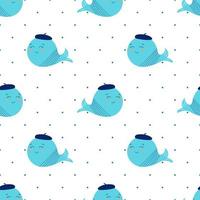 Whales seamless pattern Cute animals character. Cute background with cartoon blue whales. Baby shower design. Sea pattern for wallpapers, pattern fills, surface textures. Blue whales illustration. vector