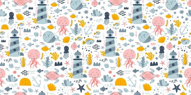 Underwater life seamless pattern. Sea life background. Ocean, fish whale jellyfish seaweed seashells lighthouse turtle. Kids vector illustration fabric design. Cute sea life nautical print.