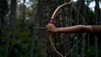 tiro con l'arco donne pronto per tiro un freccia quando lei a caccia nel il giungla video