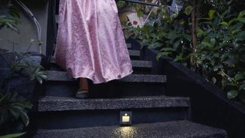 A Princess in a pink dress walking down the stairs to the forest with a flower and a tree surrounding her video