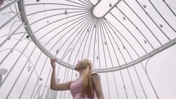 A Princess in a pink dress playing in the cage in the garden while the flowers surrounding her video