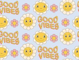 Groovy  pattern with  funny daisy flower in trendy  60s 70s flat style. vector