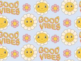 Groovy  pattern with  funny daisy flower in trendy  60s 70s flat style. vector