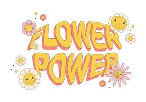 Text Flower Power with  retro hippie happy daisy flower in trendy  60s 70s flat style. vector