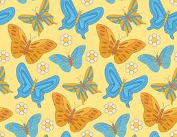 Groovy  pattern with hippie bright butterflies and daisy flower on yellow background  in  60s 70s flat style. vector