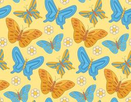 Groovy  pattern with hippie bright butterflies and daisy flower on yellow background  in  60s 70s flat style. vector