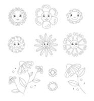 Groovy set of  hippie line daisy flowers with different emotions in  60s 70s flat style. vector