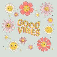 Groovy  retro  70's poster with daisy flower and text good vibes. Flat style vector