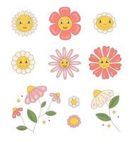 Groovy set of retro hippie daisy flowers with different emotions in trendy  60s 70s flat style. vector