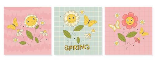 maravilloso conjunto de carteles con hippie flores margaritas y mariposas y texto primavera en retro antecedentes en 60s 70s plano estilo vector