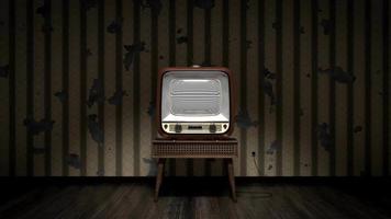 Retro Tv Receiver with Green Screen Standing on a Table, Wallpaper with Stripes on Cracked Wall in Background video