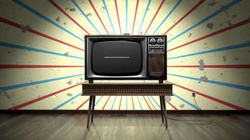 Retro Tv Receiver with Green Screen Standing on a Table, Colorful Burst Wallpaper in Background video