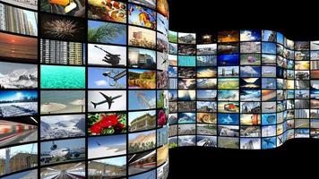 mur de écrans avec beaucoup images - génial pour les sujets comme diffusion la télé canaux ou films plus de le l'Internet, communication, divertissement etc. video