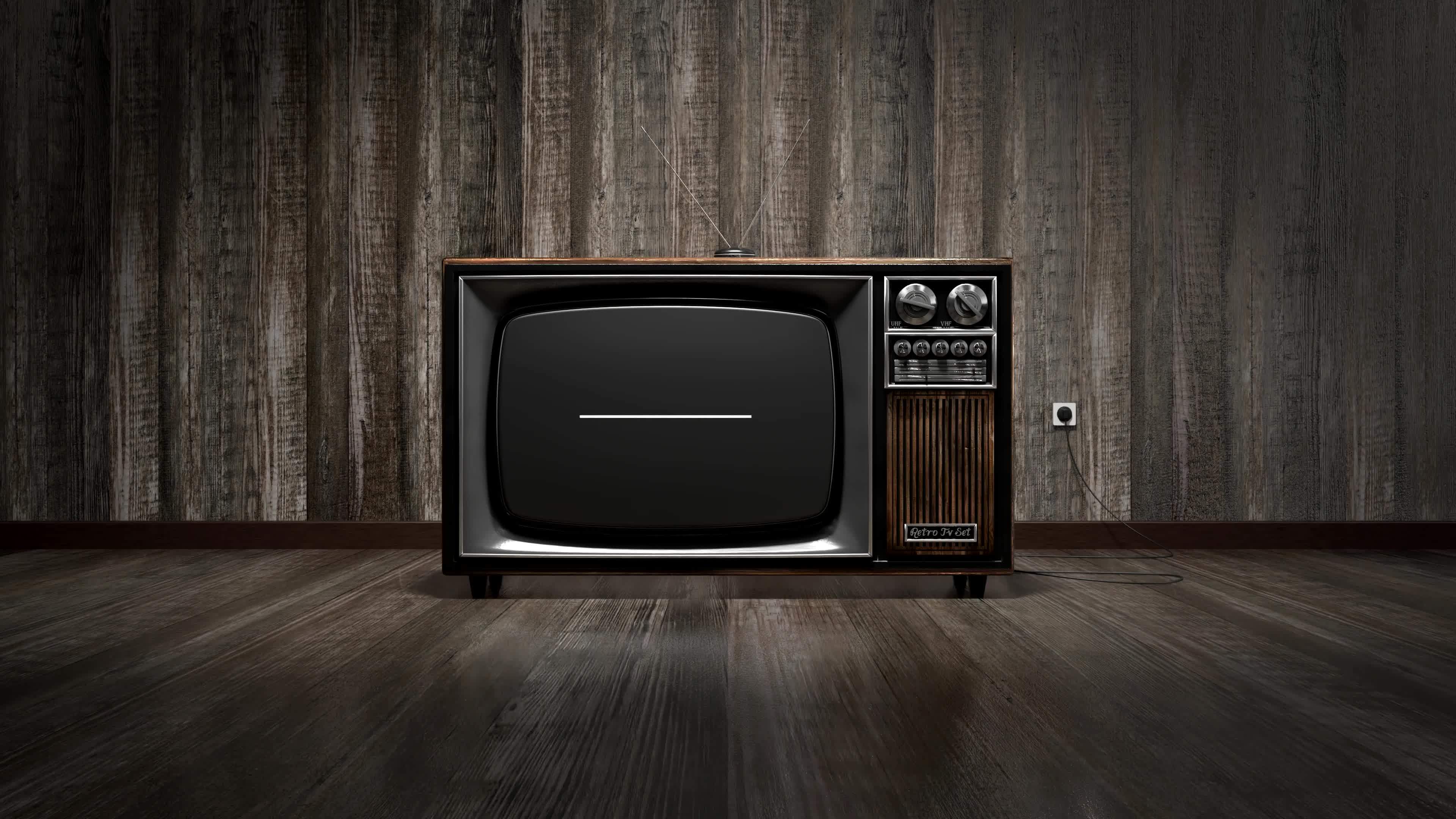 Retro Tv Receiver with Green Screen, Wooden Desks on Floor and Wall