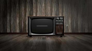 retro TV ontvanger met groen scherm, houten bureaus Aan verdieping en muur. video