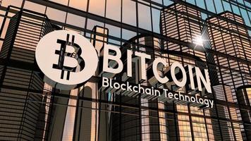 Bitcoin - Blockchain Technology Banner on Office Building and Sun Reflection video