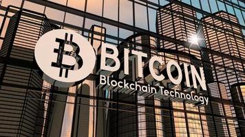 Bitcoin - Blockchain Technology Banner on Office Building and Sun Reflection video