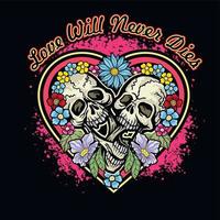 cráneo de san valentín con corazón, camisetas de diseño vintage grunge vector