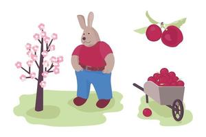 A hare gardener grows apples, a cart full of apples. vector