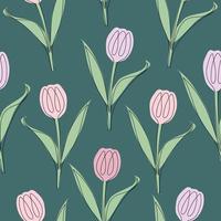 Seamless pattern of tulips drawn in one line. Vector illustration isolated on green background.