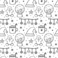 Cute xmas seamless pattern with snow globes, baubles, santa hat, cocoa with marshmallows and gingerbread. Vector hand-drawn doodle illustration. Perfect for wrapping paper, decorations, holiday design