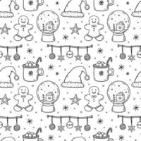 Cute xmas seamless pattern with snow globes, baubles, santa hat, cocoa with marshmallows and gingerbread. Vector hand-drawn doodle illustration. Perfect for wrapping paper, decorations, holiday design