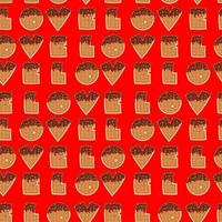 Sweet food and dessert food, vector illustration of golden brown homemade corn dog or hot dog waffles in various flavors decorations and dark chocolate on red seamless background. Love. Valentines day