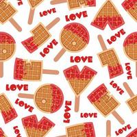 Sweet food and dessert food, vector illustration of golden brown homemade corn dog or hot dog waffle in various flavors decorations and dark chocolate on seamless background. Love word. Valentines day