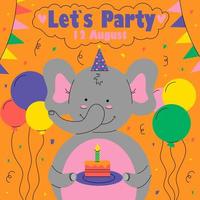 Happy birthday. Lets party postcard in primitive minimalist style, cute elephant with festive balloon, kid greeting or invitation card modern party poster flat vector doodle isolated illustration