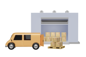 building warehouse 3d with truck, orange delivery van, goods cardboard box, pallet, truck isolated. logistic service concept, 3d render illustration png
