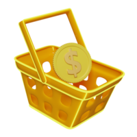 dollar money coins 3d with shopping cart, basket isolated. economic movements or business finance, saving money, financial business, banking payment concept, 3d render illustration png