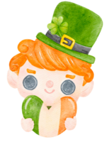 Cute happy smile leprechaun boy celebrating  St Patrick cartoon character watercolour png