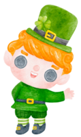 Cute happy smile leprechaun boy celebrating  St Patrick cartoon character watercolour png