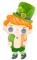 Cute happy smile leprechaun boy celebrating  St Patrick cartoon character watercolour png