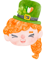 Cute happy smile leprechaun ginger hair girl celebrating  St Patrick cartoon character watercolour png