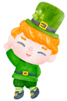 Cute happy smile leprechaun boy celebrating  St Patrick cartoon character watercolour png