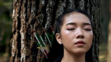 hembras tener meditado en frente de el marrón árbol en el selva video