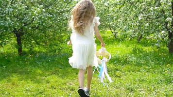 menina adorável no jardim de maçã florescendo em lindo dia de primavera video