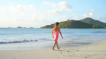 Sihouette of little girl walking on the beach at sunset. video