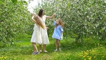 adorables petites filles avec une jeune mère dans un jardin de cerisiers en fleurs le beau jour du printemps video