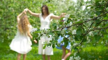 Adorable little girls with young mother in blooming garden on beautiful spring day video