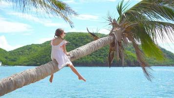 adorável pequeno menina às tropical de praia em Palma árvore durante verão período de férias video