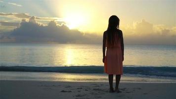 sihouette de menina andando na praia ao pôr do sol. video