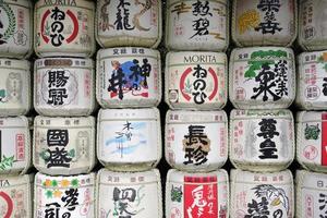 Tokyo, Japan - January 3, 2023 - Sake barrels near the entrance to a temple in Japan photo