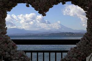 Mount Fuji seen through a heart shaped out of flowers in Enoshima, Japan photo