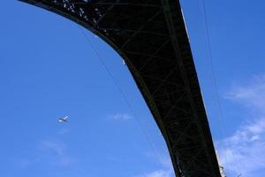Scenery of Bottom View of Kornhausbrucke and Airplane on Blue Sky at Bern where is a Famous Landmark of Switzerland. photo