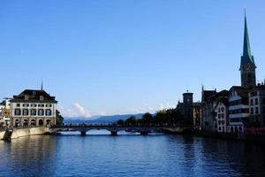 Scenery of Zurich at Limmat River where is a Famous Landmark of Switzerland. photo