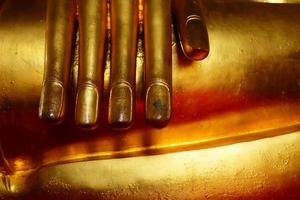 Close up Hand of Ancient Golden Buddha Image Background. photo